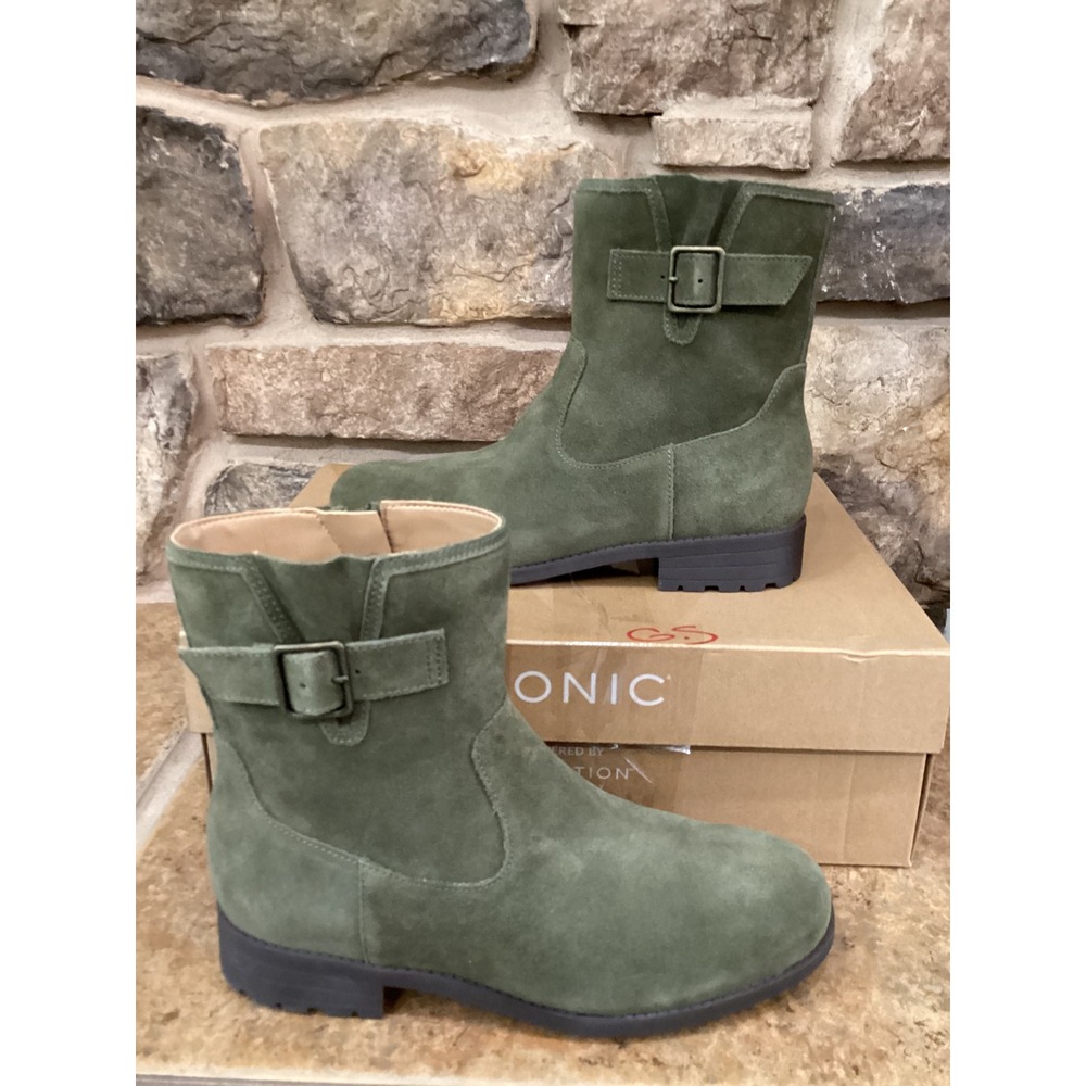 Vionic Jill Dark Olive Green Suede Ankle Boots Womens Size Wide 7.5 Orthopedic